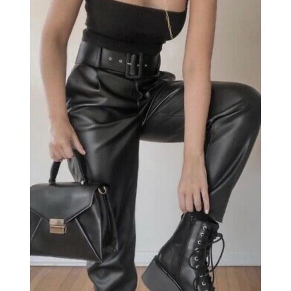 Zara Women Belted Faux Leather Pants Black - Picture 1 of 7